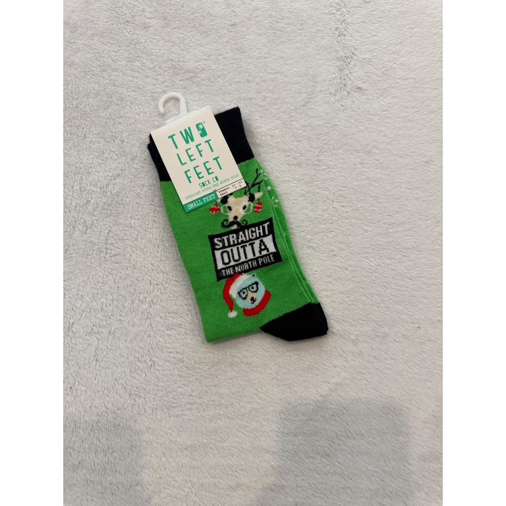 Two Left Feet Straight Outta The North Pole Christmas Socks Green Small Feet NEW